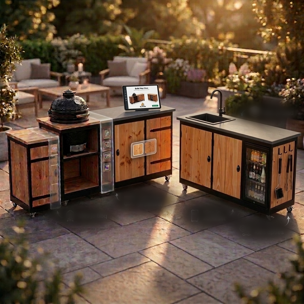 Modular outdoor kitchen unit with a kamado slot, cabinets and worktop